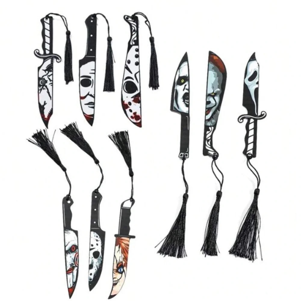 3 pc Red black white Chucky Jason horror bookmarks with tassels Halloween gift